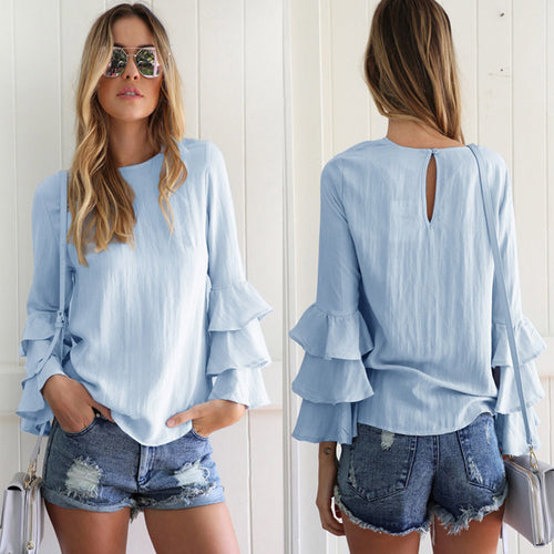 Women Blouses Casual Loose Folding Sleeves Long Sleeve Round Neck Tops Blouse blusa feminina IMY66