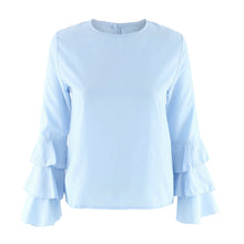 Women Blouses Casual Loose Folding Sleeves Long Sleeve Round Neck Tops Blouse blusa feminina IMY66