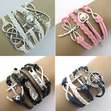 Newest women girl Infinity Love Dragonfly Owl Anchor Compass Leather Charm Bracelet Plated bangles T-east IMY66