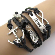 Newest women girl Infinity Love Dragonfly Owl Anchor Compass Leather Charm Bracelet Plated bangles T-east IMY66