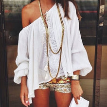 Sexy Off Shoulder Blouses Women Tops Loose Lace Crochet Chiffon Blouse Long Sleeve Beachwear Blusas feminina IMY66