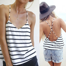 Stye Casual Stripe Tank Top Women Soft Cotton V-neck Sexy Strappy Cross Back Beach Tank Tops IMY66