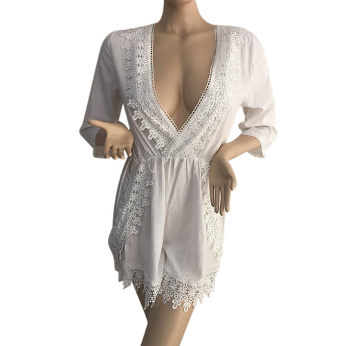 Style Women Lace Jumpsuit Sexy Deep V Neck Playsuit Bodycon Party Romper Clubwear macacao feminino White IMY66