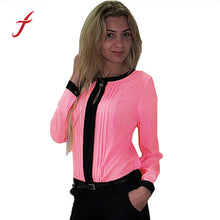 Women Casual Loose Chiffon Pleated Blouse Patchwork Office OL Long Sleeve Shirt Blouse Top roupas femininas IMY66