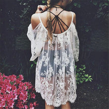 Women Beach Dress Cover Sexy Strap Sheer Floral Lace Embroidered Crochet Dresses Hippie Boho vestidos IMY66