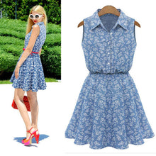 Women Denim Dress Lapel Sleeveless Casual Slim Flower Printed Denim Dress robe vestido de festa IMY66