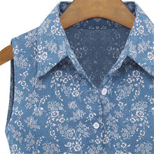 Women Denim Dress Lapel Sleeveless Casual Slim Flower Printed Denim Dress robe vestido de festa IMY66