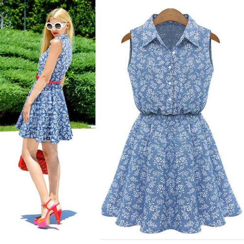 Women Denim Dress Lapel Sleeveless Casual Slim Flower Printed Denim Dress robe vestido de festa IMY66