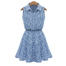 Women Denim Dress Lapel Sleeveless Casual Slim Flower Printed Denim Dress robe vestido de festa IMY66