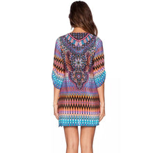 Women Dress Boho Vintage Baroque Hippie Ethnic Totem Geometric Print Contrast Tie Neck Shift Dress vestidos IMY66