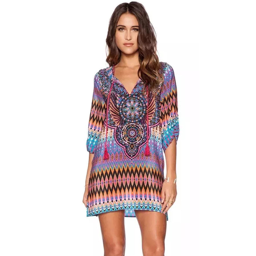 Women Dress Boho Vintage Baroque Hippie Ethnic Totem Geometric Print Contrast Tie Neck Shift Dress vestidos IMY66