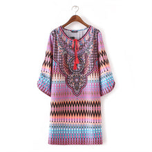 Women Dress Boho Vintage Baroque Hippie Ethnic Totem Geometric Print Contrast Tie Neck Shift Dress vestidos IMY66