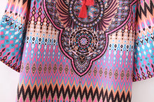 Women Dress Boho Vintage Baroque Hippie Ethnic Totem Geometric Print Contrast Tie Neck Shift Dress vestidos IMY66