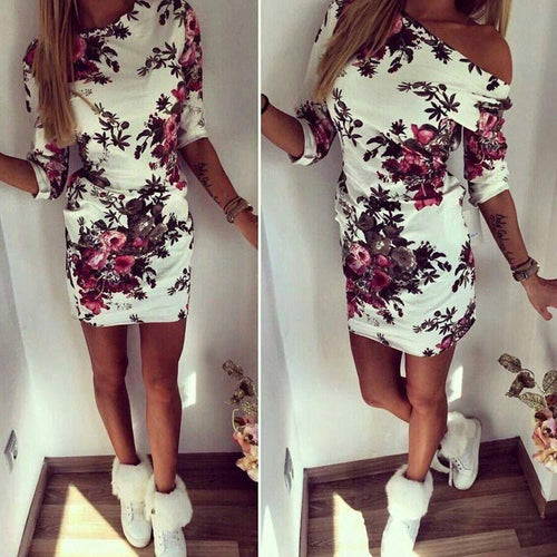 Women Dress Sexy Off Shoulder Printing Dress Tunic Bodycon Sheath Dresses Robe vestidos de festa IMY66