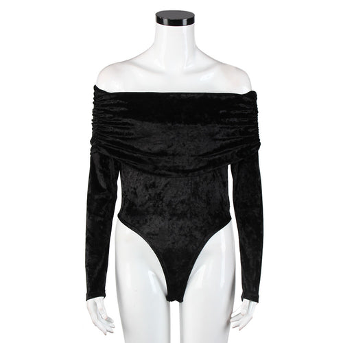 Sexy Bodysuit Solid Velvet Keep Warm Long Sleeve Slash Neck Sexy Off Shoulder Rompers Womens Tees IMY66