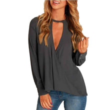 Blusas feminina Women Sexy Choker Neck Deep V Loose Casual Long Sleeve Chiffon Blouse Tops Shirt IMY66