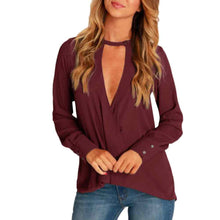 Blusas feminina Women Sexy Choker Neck Deep V Loose Casual Long Sleeve Chiffon Blouse Tops Shirt IMY66