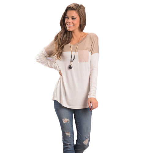 Splice T-Shirts For Women Casual V-Neck Long Sleeve Pocket Tops Tee Shirt femme camisetas y tops IMY66