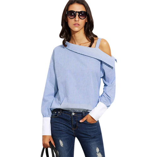 Women Blouse Sexy Blue Striped Fold Asymmetric Shoulder Long Sleeve Blouse Shirts blusas femininas IMY66