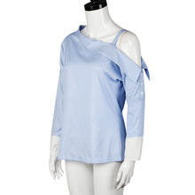 Women Blouse Sexy Blue Striped Fold Asymmetric Shoulder Long Sleeve Blouse Shirts blusas femininas IMY66