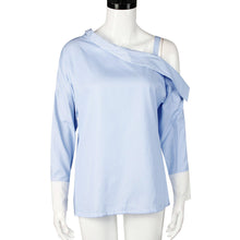 Women Blouse Sexy Blue Striped Fold Asymmetric Shoulder Long Sleeve Blouse Shirts blusas femininas IMY66