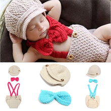 3 Pcs Handmade Crochet Knitted Beanie Hat&Tie Bow&Bib Pants Overall Costume Outfitborn Baby Photography Props IMY66