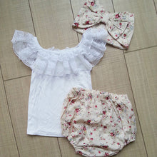 3 Pieces Set Lace T shirts+Flower Printed Briefs+Bownot Handband Baby Girls Lace Ruffle Panties Briefs Floral Pant Set IMY66