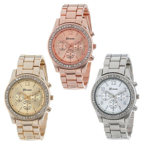 3 pcs/Lot Geneva Watches Silver Gold Rose Gold Plated Classic Stainless Steel Rhinestone Watch Relogio Feminino IMY66