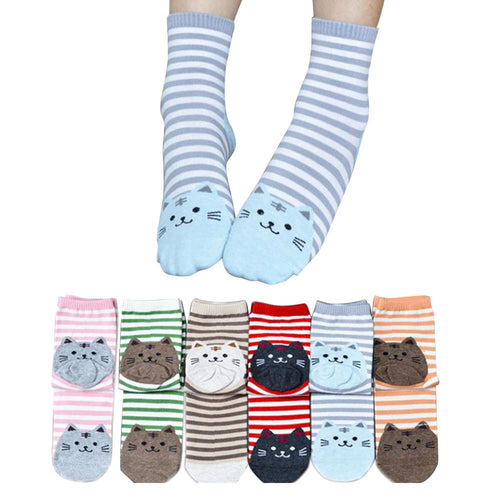 6Pair/Set Cute 3D Cat Animals Striped Cartoon Socks Women Cat Footprints Cotton Socks Floor Socks For Women IMY66