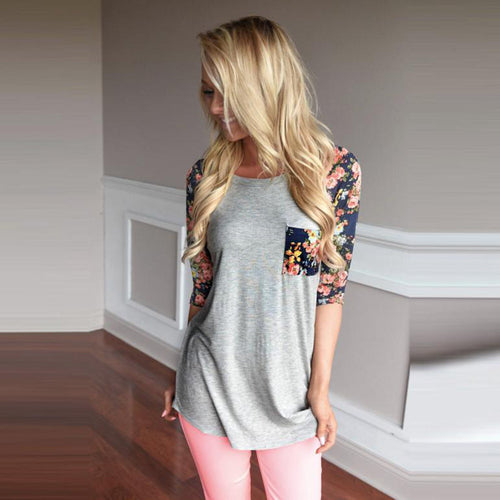 Casual T-Shirts For Women Floral Print Splice Pocket Round Neck Pullover Tops Tee shirt femme camisetas y tops IMY66