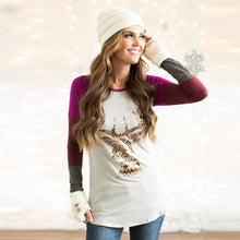 Casual T-Shirts For Women Loose Elk Print Long Sleeve Round Neck Splice Pullover Tee Shirt femme camisetas y tops IMY66