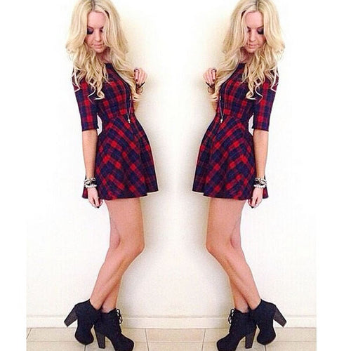 Dress Women Casual Dress Sexy Plaid O Neck Half Sleeve Party Mini Dresses vestido de festa Plus Size IMY66