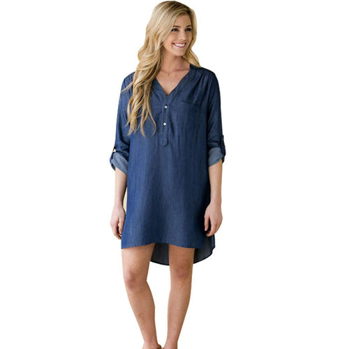 Dress Boho Women Casual V Neck Denim Loose Comfortable Long Sleeve Mini Shirt Dress Vestidos Femininos IMY66
