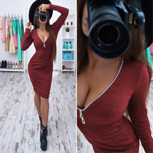 Dress For Women Ladies Zipper Sexy V Neck Long Sleeve Bodycon Sheath Party Evening Mini Dress vestidos femininos IMY66