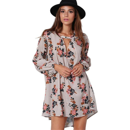 Dress Women Casual A Line Dresses Sexy V Neck Long-sleeved Loose Flowers Printing Mini Dress Vestidos Femininos IMY66