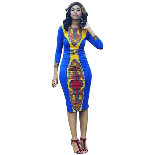 Dress Women Casual Long Sleeve African Print Dress Sexy Print Kaftan Sheath Dress vestidos femininos IMY66