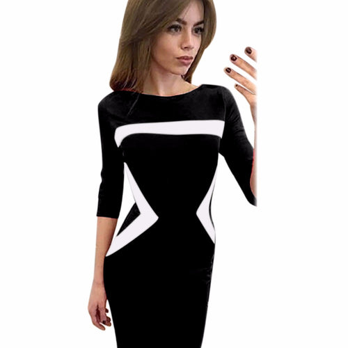 Elegant Dress For Women Sexy Silm Three-quarter Sleeve O Neck Geometric Stitching Party Dress vestidos de fiesta IMY66