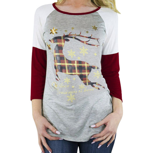 Reindeer Printed Tee Shirt For Women Long Sleeve Round Neck T-Shirts Tops camisetas y tops IMY66