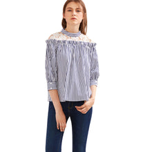Women Blouses Navy Vertical Striped Lace Splice Half Sleeve Shirts Casual Blouse blusa feminina IMY66