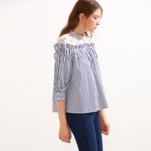 Women Blouses Navy Vertical Striped Lace Splice Half Sleeve Shirts Casual Blouse blusa feminina IMY66