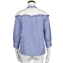 Women Blouses Navy Vertical Striped Lace Splice Half Sleeve Shirts Casual Blouse blusa feminina IMY66