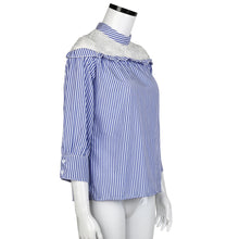 Women Blouses Navy Vertical Striped Lace Splice Half Sleeve Shirts Casual Blouse blusa feminina IMY66