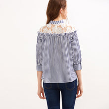 Women Blouses Navy Vertical Striped Lace Splice Half Sleeve Shirts Casual Blouse blusa feminina IMY66