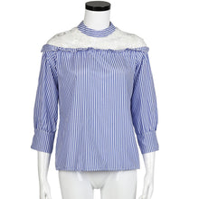 Women Blouses Navy Vertical Striped Lace Splice Half Sleeve Shirts Casual Blouse blusa feminina IMY66
