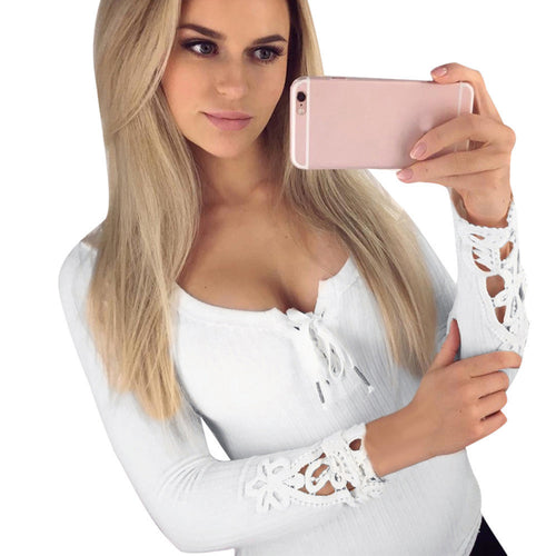 Women Casual Knitwear Sexy Slim Lace Crochet Long Sleeve Knitted Bandage Sweaters Tops Pullovers IMY66
