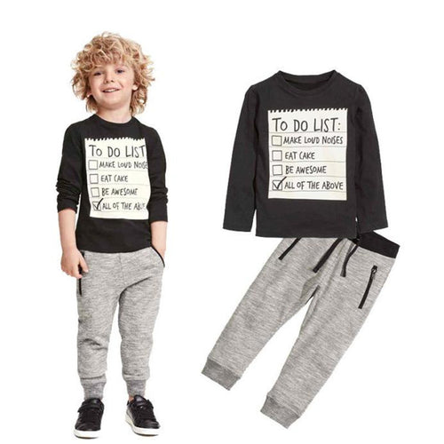Kids Toddler Boys Handsome Letter Print Black Tops Tee Shirts+Gray Casual Pants Set children clothing IMY66