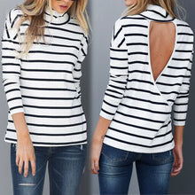 Sexy Striped T-Shirts For Women Casual Turtleneck Backless Long Sleeve T-Shirt Tops T-Shirt femme camiseta mujer IMY66