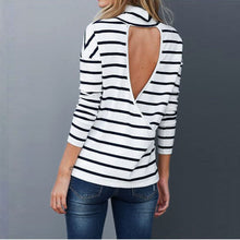 Sexy Striped T-Shirts For Women Casual Turtleneck Backless Long Sleeve T-Shirt Tops T-Shirt femme camiseta mujer IMY66