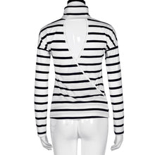 Sexy Striped T-Shirts For Women Casual Turtleneck Backless Long Sleeve T-Shirt Tops T-Shirt femme camiseta mujer IMY66