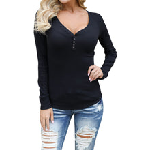T-Shirts For Women Basic Casual V Neck Long Sleeve Button Slim Tops tee shirt femme camisetas mujer IMY66